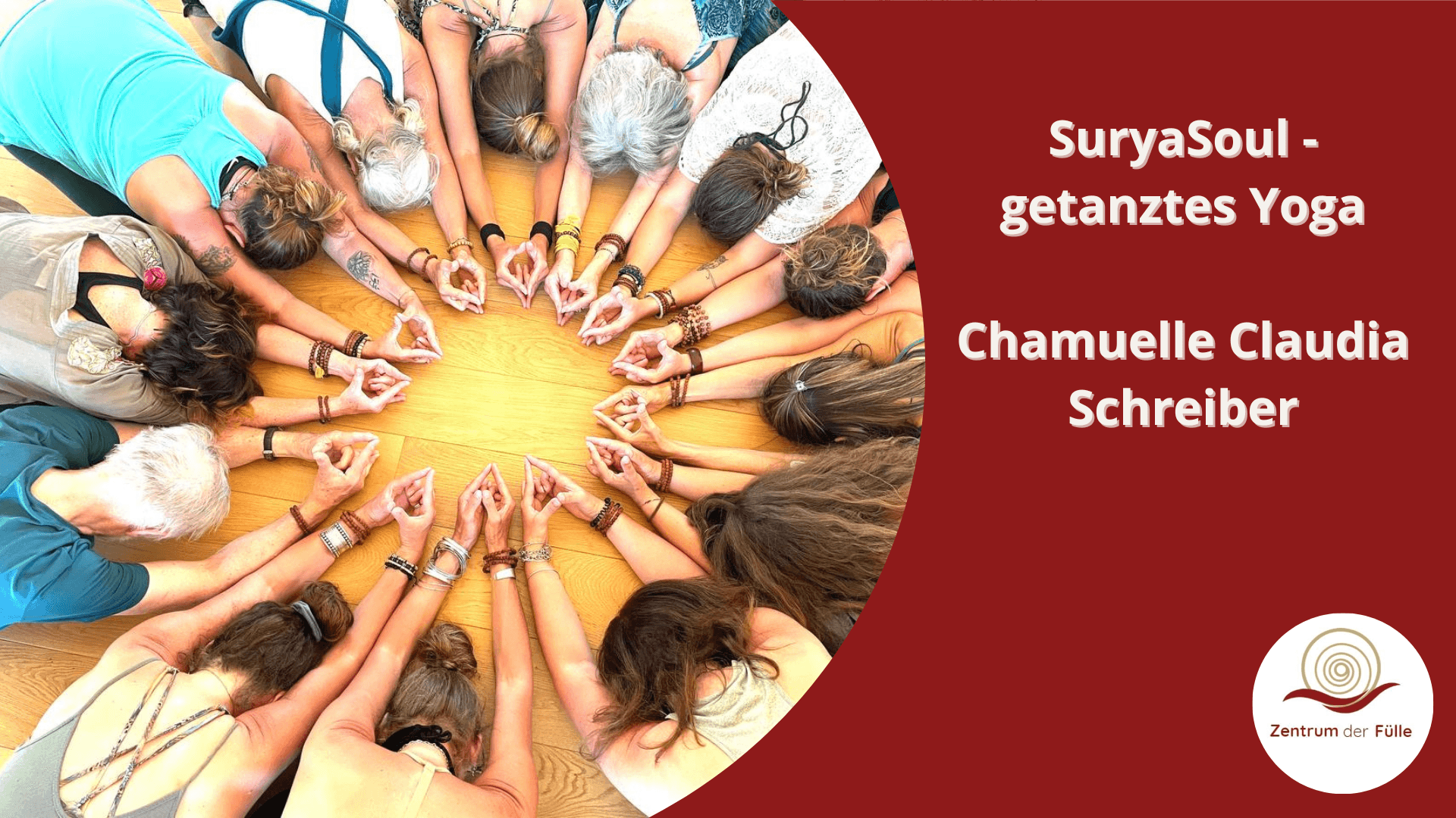 Who: Chamuelle Claudia Schreiber<br><br># GEMEINSAM BEWEGEN, STRAHLEN, TANZEN, KLINGEN, MEDITIEREN <br><br>SuryaSoul ® ist ein bewusstes, lebendiges Tanz- und Bewegungsprogramm, welches auf den Lehren der sieben Chakren (Energiezentren) und auf den Philosophien von Tao und integralem Yoga beruht. SuryaSoul schafft die Verbindung aller Chakren durch Bewegung, Musik und Meditation. Dynamische und sanfte Rhythmen sowie Melodien aus der ganzen Welt bilden den Rahmen. Wir wecken gemeinsam die Lebendigkeit in uns, bringen sie zum Strahlen und integrieren sie in die Gemeinschaft. Surya ist Sanskrit und steht für die Sonne. SuryaSoul bedeutet Sonnenseele.<br><br>**Was ist SuryaSoul auch?**  <br>• SuryaSoul ist ein Weg zu den Geheimnissen des Lebens  <br>• SuryaSoul schafft ein effektives System für Gesundheit und Wachstum  <br>• SuryaSoul ist lebendig, strahlend und glücksbringend  <br>• SuryaSoul verbindet dich mit dir selbst und anderen  <br>• SuryaSoul bietet verschiedene Formen<br><br>weitere Infos unter: https://www.c-spirit.ch/dance<br><br>