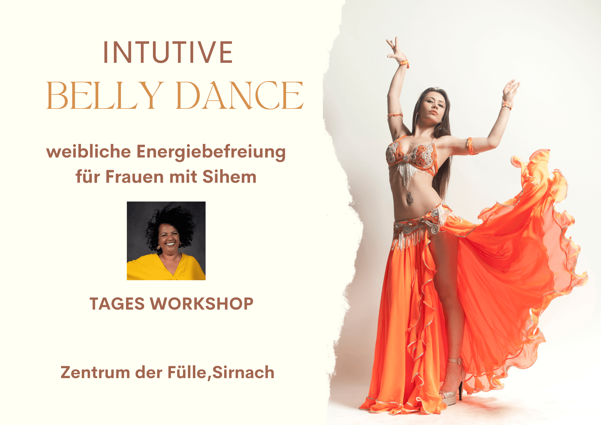 Who: Sihem Echihaoui<br><br>**Zeit:** 10:00 – 16:00 Uhr  <br>**Ort:** Standbachstrasse 24  <br>**Kosten:** 188.00  <br>**Für wen:** Dieser Workshop ist für alle Frauen offen – ganz egal, ob du Tanzerfahrung hast oder nicht. Hier gibt es keine festen Schritte oder Regeln, sondern es geht um das Spüren und Erleben unseres Körpers und unserer Energie. 💫<br><br>**Workshop-Ablauf:**<br><br>**10:00 – 10:30 Uhr: Ankommen &amp; Begrüßung**  <br>Wir beginnen den Tag mit einem entspannten Ankommen, einem leichten Frühstück (Tee und Obst) und einem Kreis, in dem wir uns gegenseitig kennenlernen.<br><br>**10:30 – 11:30 Uhr: Einführung in Intuitiven Tanz**  <br>Eine Einführung in die Welt des intuitive Bally Dance, bei der wir den Fokus auf Körperwahrnehmung, Erdung und das Loslassen von Spannungen legen. In einem sanften Warm-up bereiten wir unseren Körper auf die intuitive Bewegung vor.<br><br>**11:30 – 12:30 Uhr: Weibliche Energiebefreiung**  <br>Hier konzentrieren wir uns auf Atemtechniken und einfache Bewegungsabläufe, die blockierte Energien lösen und den Energiefluss im Körper harmonisieren. Es geht darum, die tiefe Verbindung zu unserer weiblichen Urkraft zu spüren.<br><br>**12:30 – 13:30 Uhr: Gemeinsames Mittagessen**  <br>Wir teilen ein leichtes und gesundes Mittagessen (bitte etwas mitbringen oder Snacks werden gestellt), gefolgt von einer kurzen Pause, um die Eindrücke sacken zu lassen.<br><br>**13:30 – 15:00 Uhr: Freier Intuitiver Tanz**  <br>Dieser Teil des Workshops ist ein Raum für freie Bewegung, ohne Vorgaben. Jede Frau tanzt in ihrem eigenen Rhythmus und lässt sich von der Musik und ihrer inneren Energie leiten. Hier geht es um Selbstausdruck, Loslassen und die Freude an der Bewegung.<br><br>**15:00 – 15:30 Uhr: Reflexion &amp; Integration**  <br>In einer gemeinsamen Runde reflektieren wir über das Erlebte und tauschen uns darüber aus, was der Tanz und die Bewegung in uns ausgelöst haben. Kleine Entspannungsübungen helfen dabei, die Energie des Tages zu integrieren.<br><br>**15:30 – 16:00 Uhr: Abschlussritual &amp; Verabschiedung**  <br>Zum Abschluss verbinden wir uns nochmals mit unserer weiblichen Energie in einem kleinen Ritual. Danach gibt es Raum für Gespräche und Austausch, bevor wir den Workshop in Dankbarkeit beenden.<br><br>**Mitbringen:**<br><br>- Bequeme Kleidung<br>- Eine Wasserflasche<br>- Ein leichtes Mittagessen oder Snacks<br>- Offenheit und Freude am Entdecken<br><br>**Anmeldung &amp; Kontakt:**  <br>Bitte melde dich bis 31.10.2024 bei mir an  <br>Kontakt: 079 455 42 82<br><br>Ich freue mich darauf, diesen besonderen Tag mit euch zu verbringen und gemeinsam in die Welt des Tanzes und der weiblichen Energiebefreiung einzutauchen!<br><br>Email für Anmeldung: info@sihem.ch<br><br>